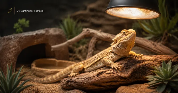 Healthy bearded dragon basking beneath a UVB light inside a professionally designed reptile enclosure.