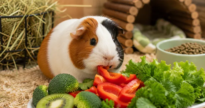 Healthy guinea pig eating fresh red bell peppers and leafy greens rich in Vitamin C.