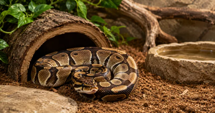 Healthy python resting inside a properly maintained reptile enclosure designed for optimal husbandry.